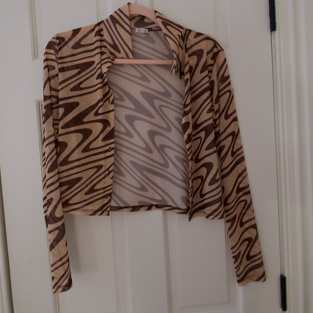 Striped brown and tan sheer button-up
